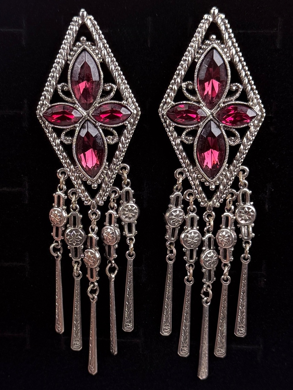 Beautiful vintage costume clip on long metal fringe earrings